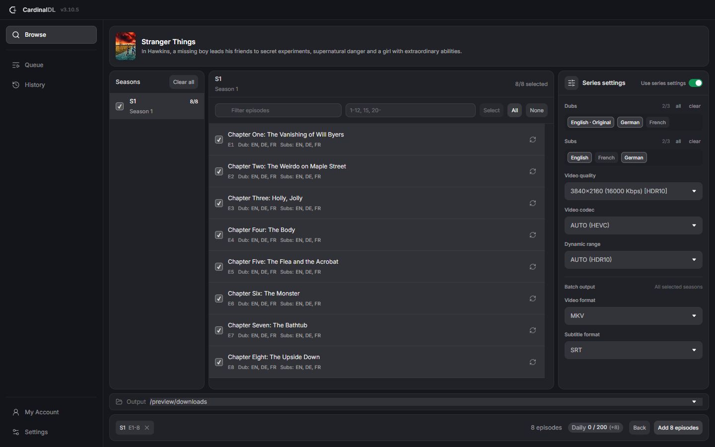 CardinalDL 3.10.5 with Stranger Things on Netflix, 4K video selected, audio and subtitle options